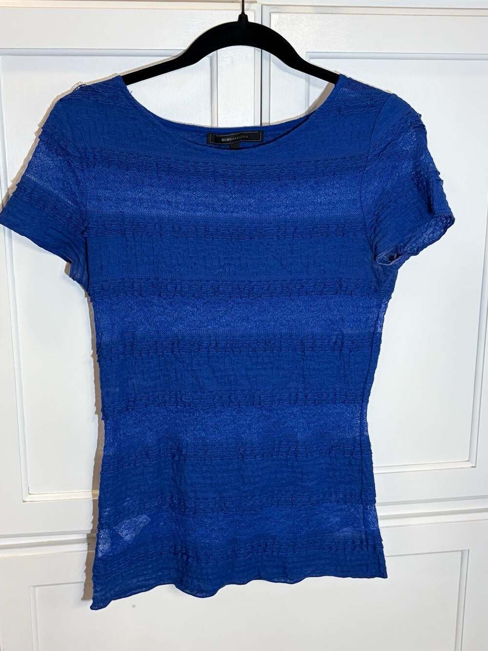 BCBG Maxazria Lizza Royal Blue Textured Knit Lace  Short Sleeve Top Small